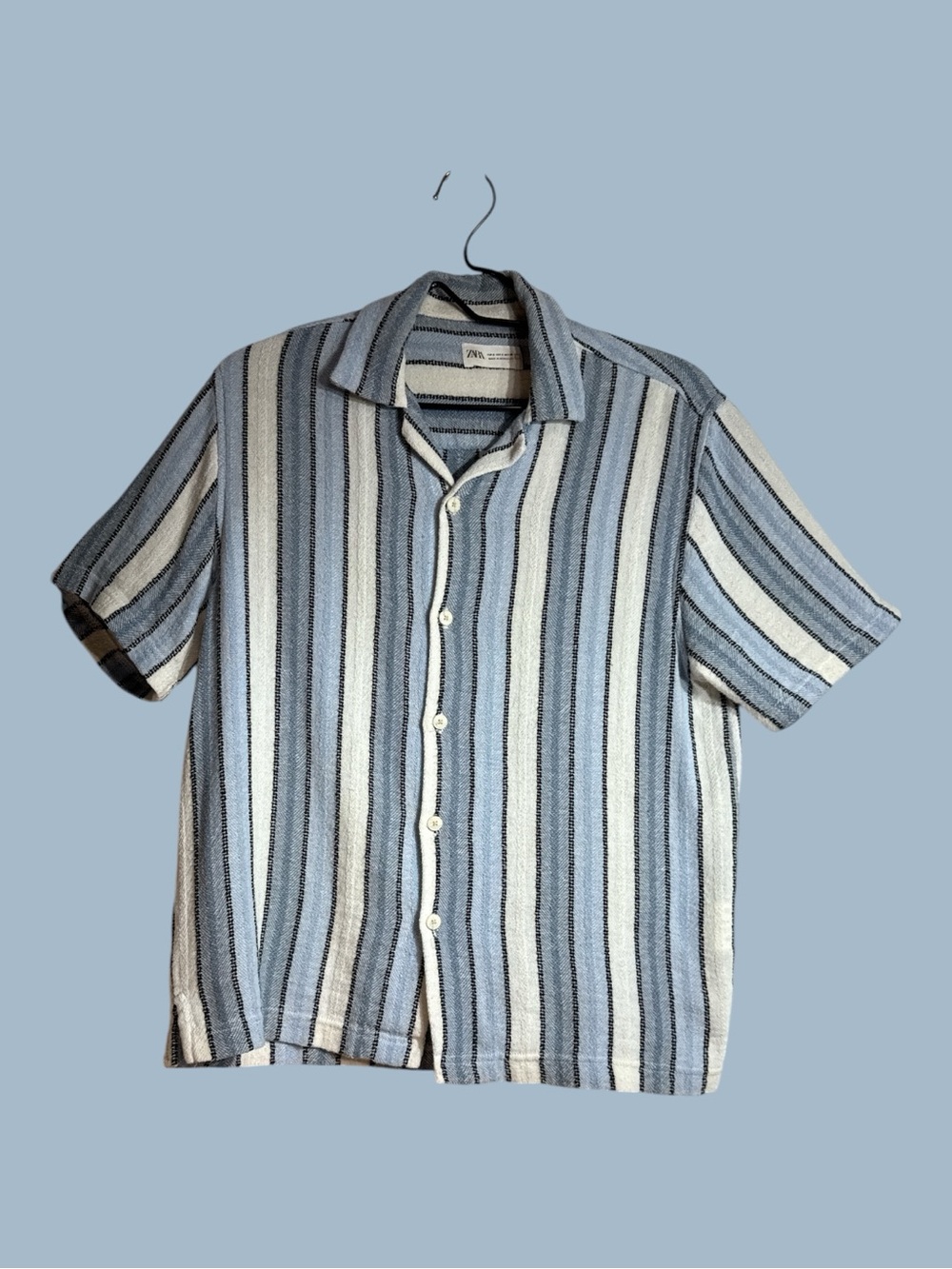 Zara Relaxed Fit Striped Textured Button Down Shirt Shades of Blue White Small
